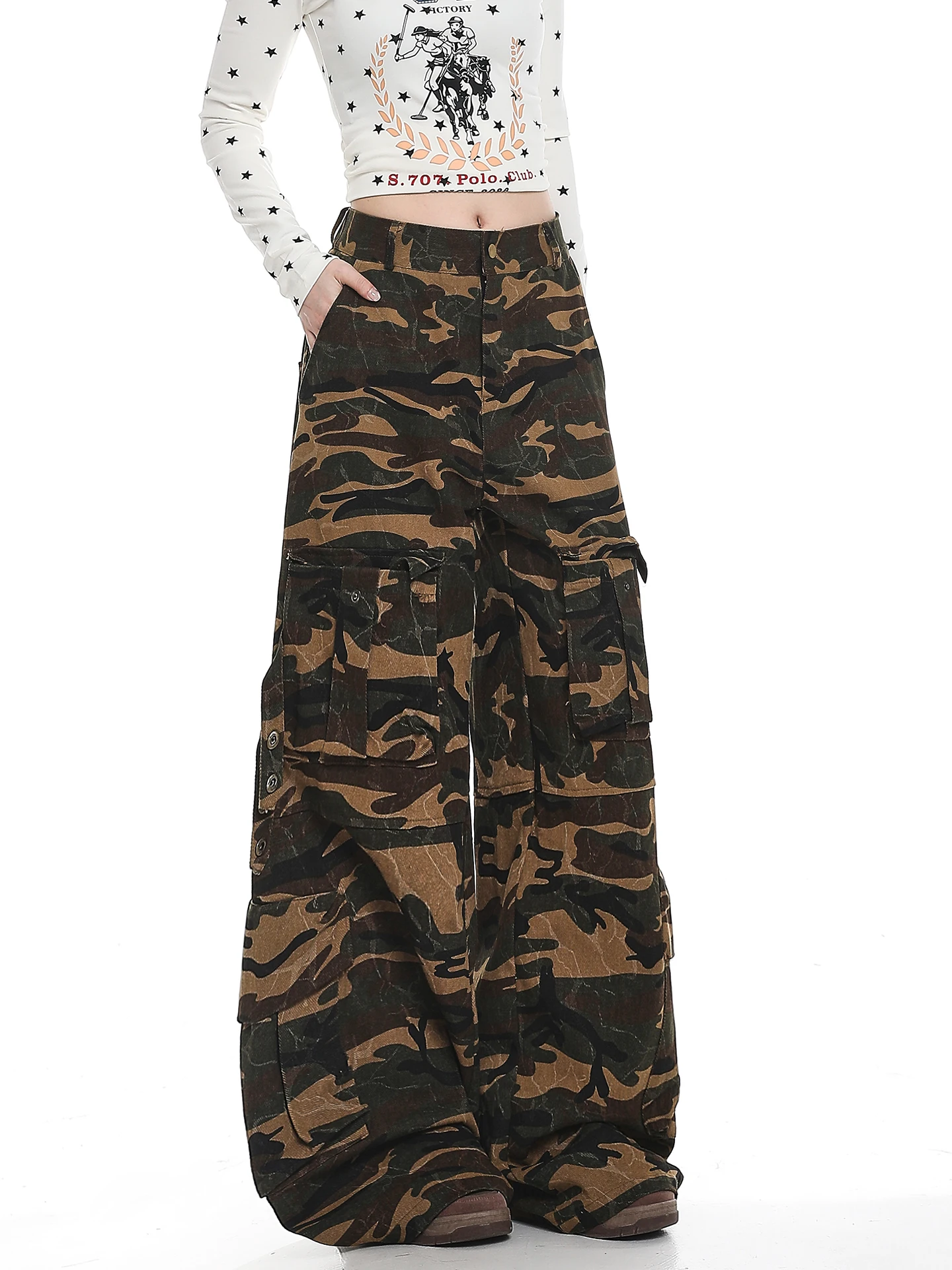 American Retro Camouflage Multi-Pocket Work Pants Women's Loose High Waist Wide Leg Jeans Autumn New Style Floor-Length