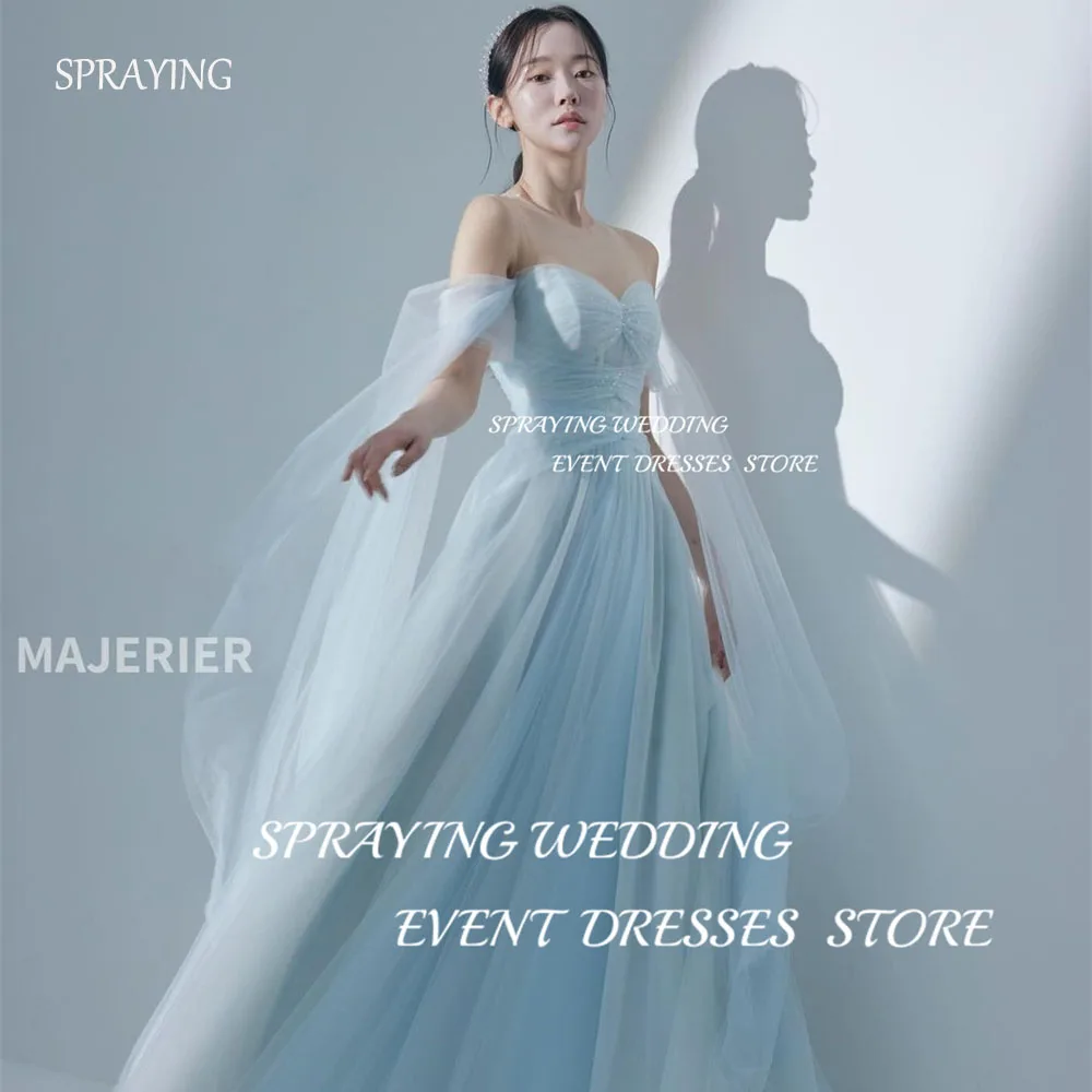 

SPRAYING Simple Sweetheart Blue Pleat Korean Wedding Dress Floor-Length Corset Back Bridal Gown Long Puffy Formal Party Dresses