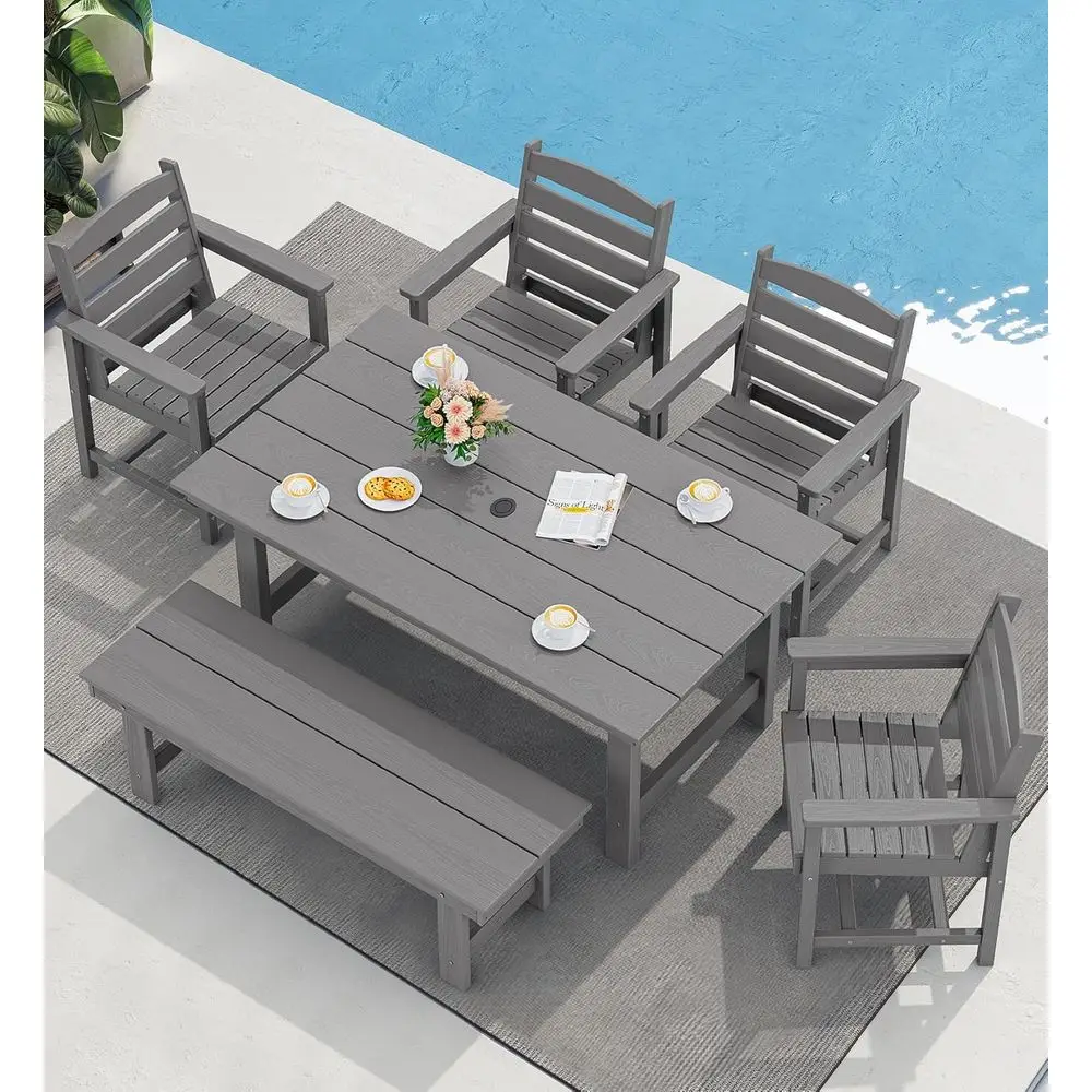 

Gray Outdoor Patio Dining Table and Bench Set for 6