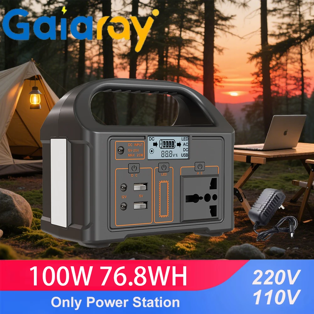 

Gaiaray 100W Portable Power Station 110V 220V Outdoor Solar Generator 76.8Wh LiFePO4 Battery Charging Station LED for Camping