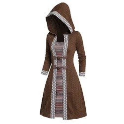 Dressfo 2024 Womens Hooded Dress Tribal Geometric Graphic Knit Faux Twinset Dress Horn Button Textured Knitted Mini 2-in-1 Dress