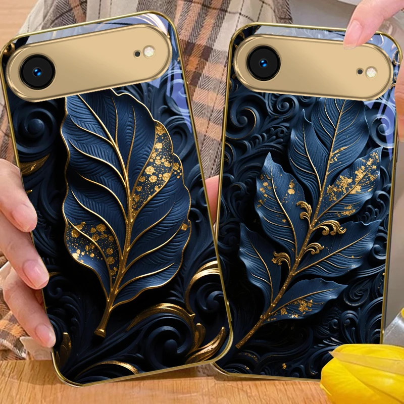 Deep blue toned leaves For iPhone Air 17 Pro Max 16 15 Pro 14 13 Plus 12 mini 11 17Air XR 16E 17ProMax Golden glass phone case