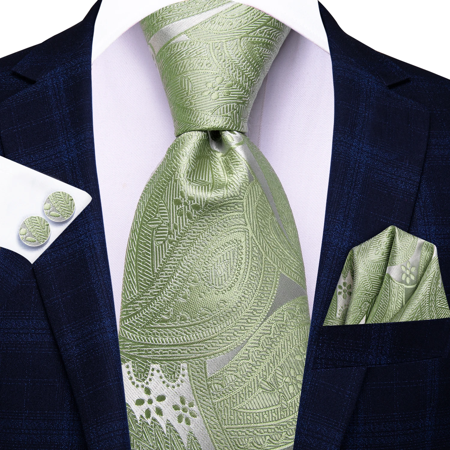 Hi-Tie Paisley Sage Green Men's Ties Solid 8.5cm Jacquard Necktie Accessories Daily Wear Cravat Wedding Party Gift 3PCS Set