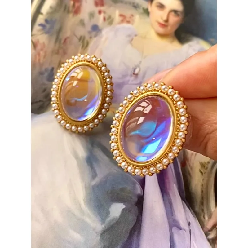 

Extremely beautiful moonstone retro colorful glazed heavy craftsmanship medieval earrings