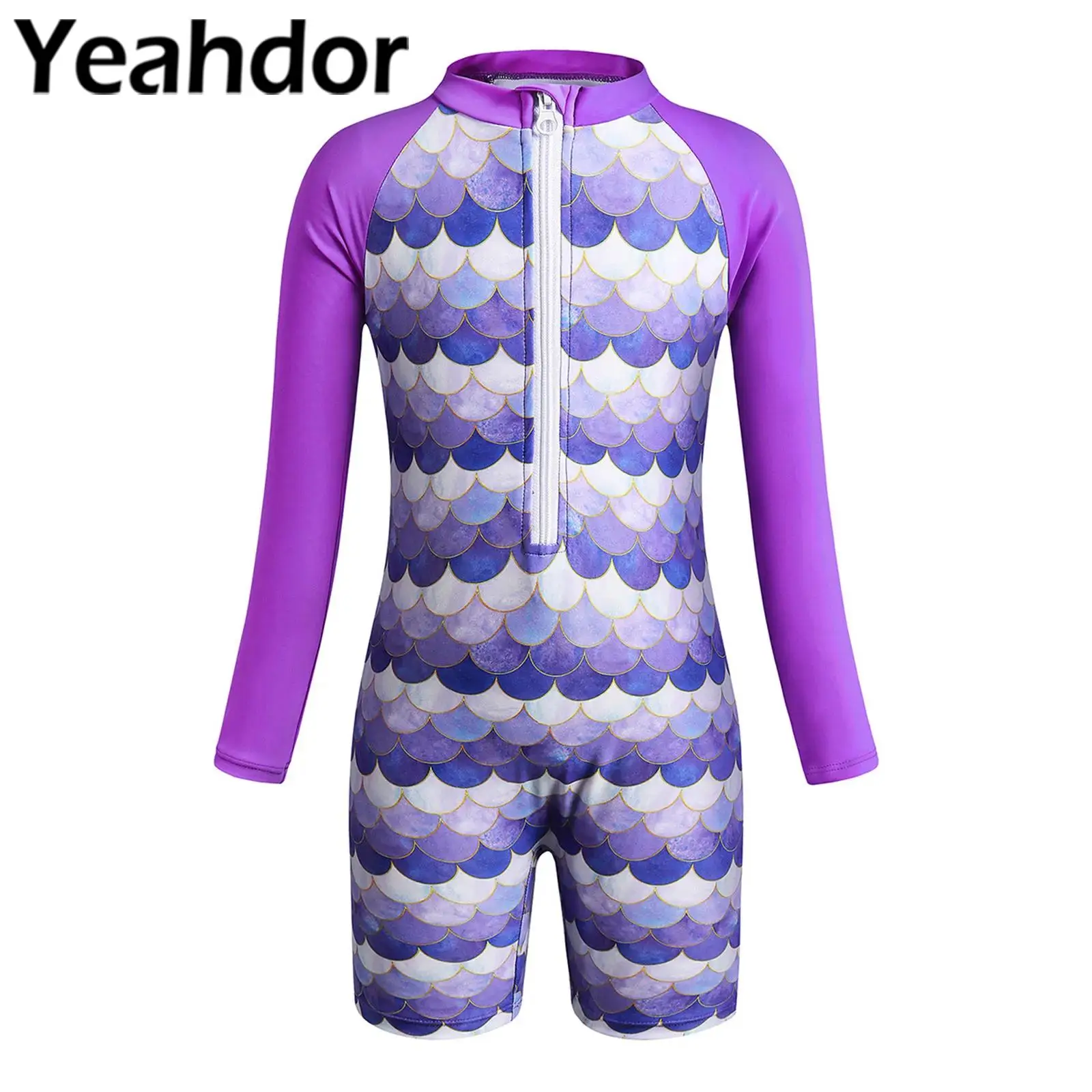 

Kids Girls One-piece Swimsuit Fish Scales Print Mermaid Swimwear Beachwear Long Sleeve Athletic Jumpsuit Pool Beach Bathing Suit