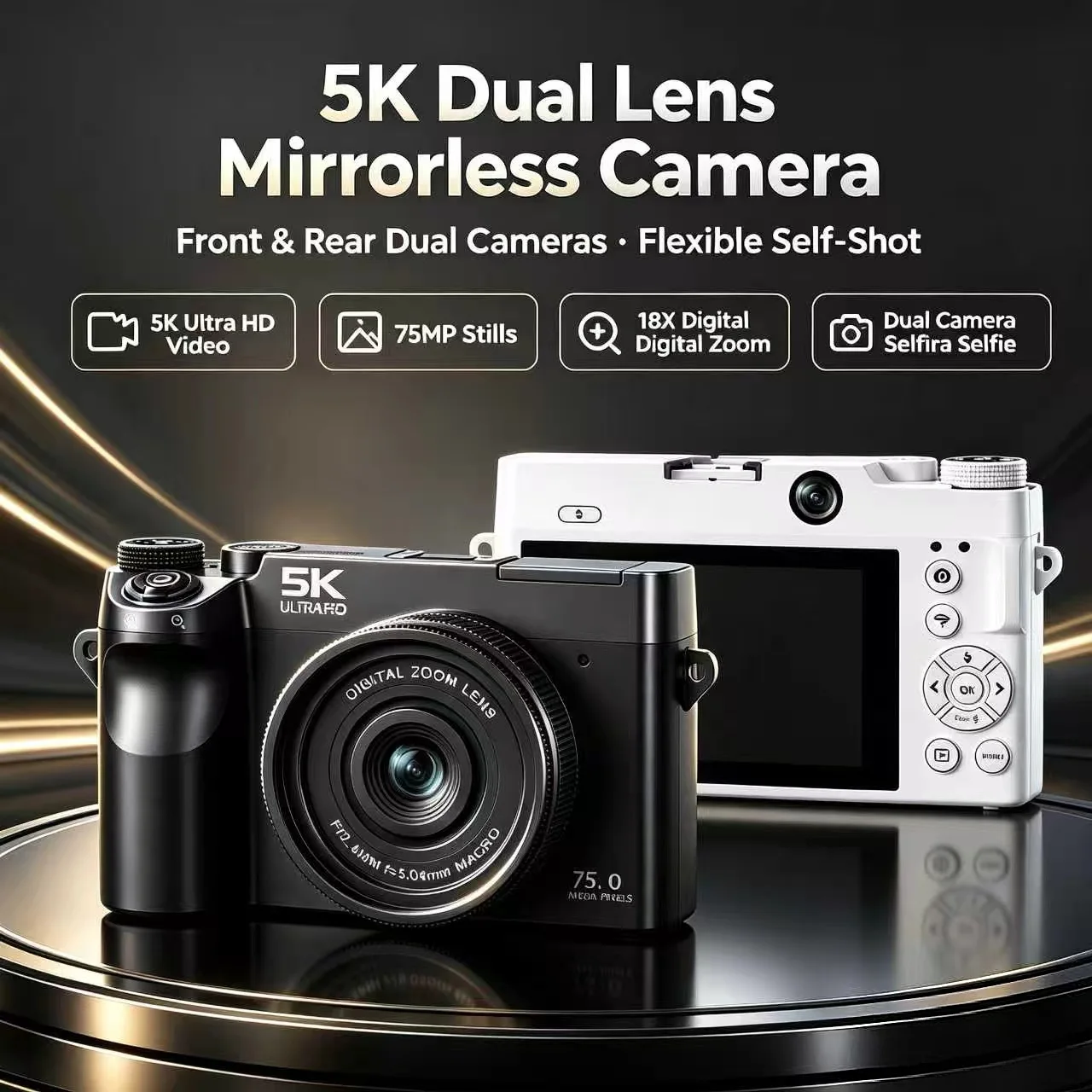 5K Ultra‑HD Digital Camera 75MP Dual‑Lens 18X Zoom Wide‑Angle Macro Selfie Cam Slow‑Motion Timelapse Vlog Video Recorder
