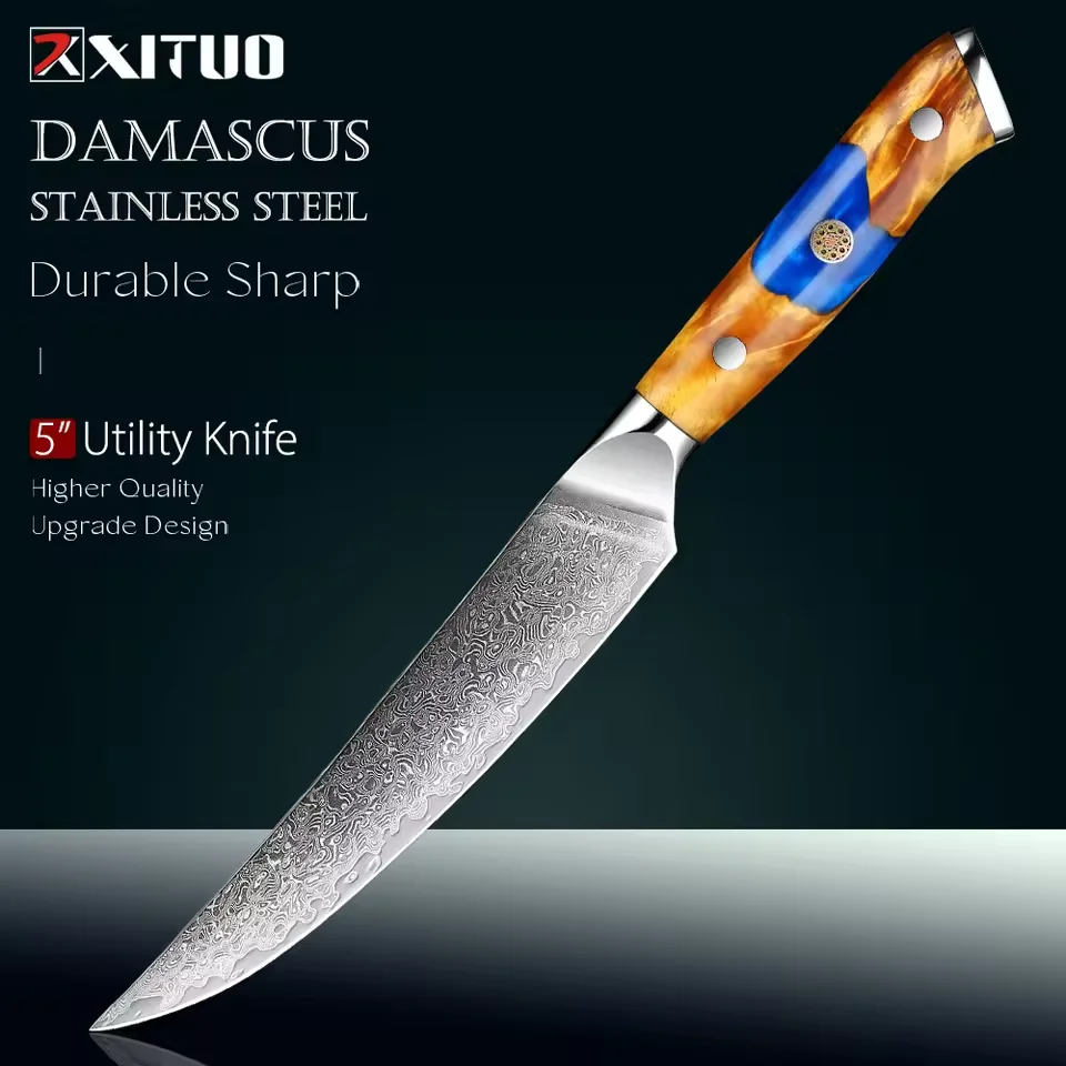 Japanese 5 Inch Kitchen Utility Knife,Damascus Steel Sharp Small Chef Knife, Full Tang Paring Knife Stabilized Wood&Resin Handle