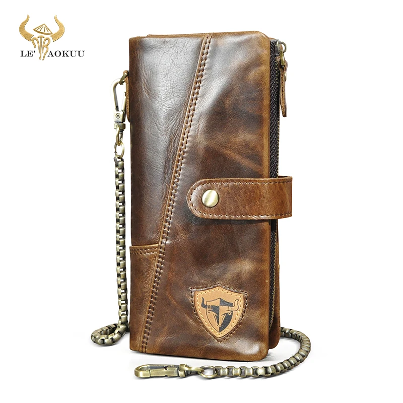 Hot Sale Natural Bull Leather Travel Business Organizer Chain RFID Wallet For Men Long Zipper Male Purse Card Holder 1803