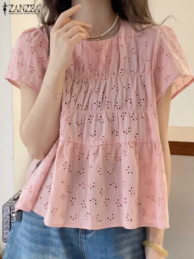 ZANZEA Women Short Sleeve Blouse Summer Fashion Hollow Out Work Shirt Lace Patchwork Tops Tunic Femme Elegant Party Blusas 2024