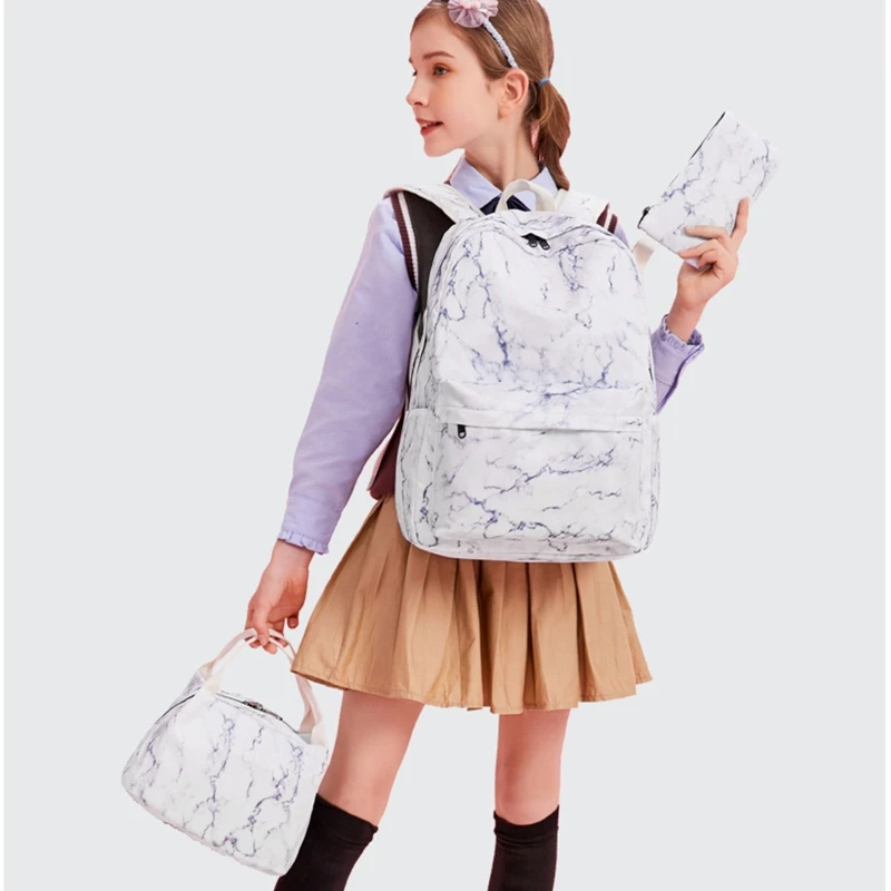 Marble Backpack with Lunch Tote Pencil Bag School Bag for Teenagers Youth Student Casual Daypack