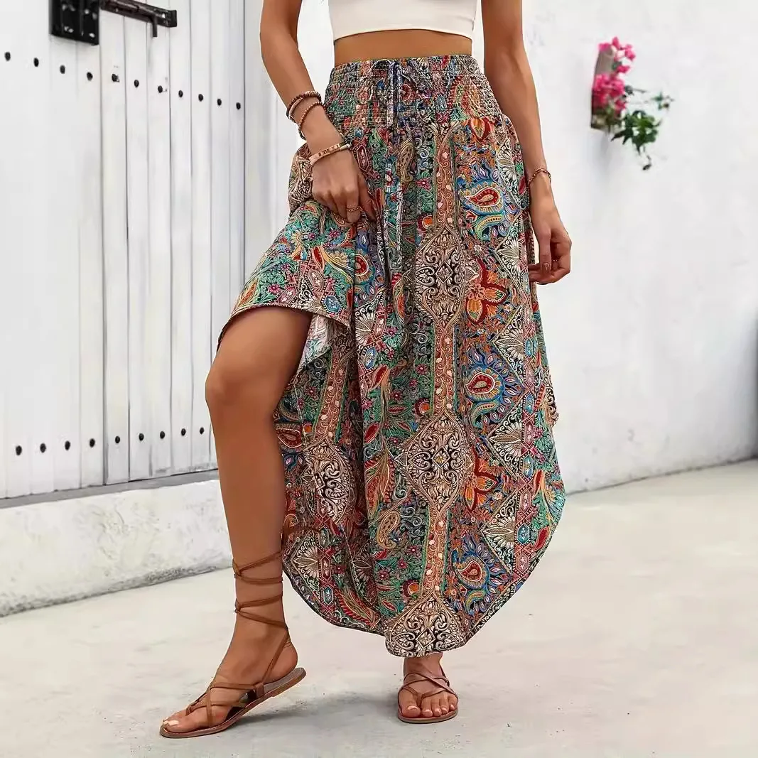 Women's Summer Ethnic Print Maxi Skirt Elastic High Waist Loose Flowy A-Line Beach Bohemian Long Skirt