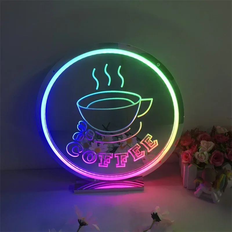 Coffee Neon Sign Led Light for Coffe Shop Decoration Colorful Neon Mirror Multi-mode Adjustable Color Flashing Mirror Neon Lamp