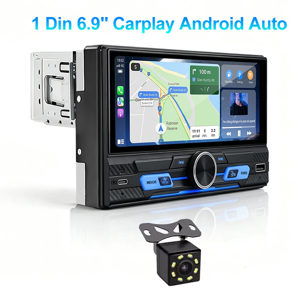 Uniwersalne radio samochodowe 1 Din IPS 6,9 cala z bezprzewodowym Carplay i Android Auto, odtwarzacz MP5, multimedialne wideo, autoradio, Airplay, Mirror Link, stereo, Bluetooth, sterowanie kierownicą — 2