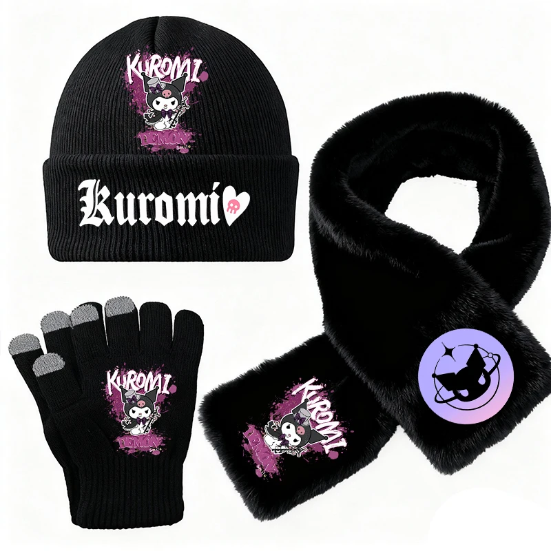 3PCS/Set Set Topi Rajut Kuromi untuk Anak Perempuan, Syal, Sarung Tangan, Set Beanie Musim Dingin untuk Balita, Sarung Tangan, Penghangat Leher, Aksesoris Luar Ruangan, Hadiah Natal