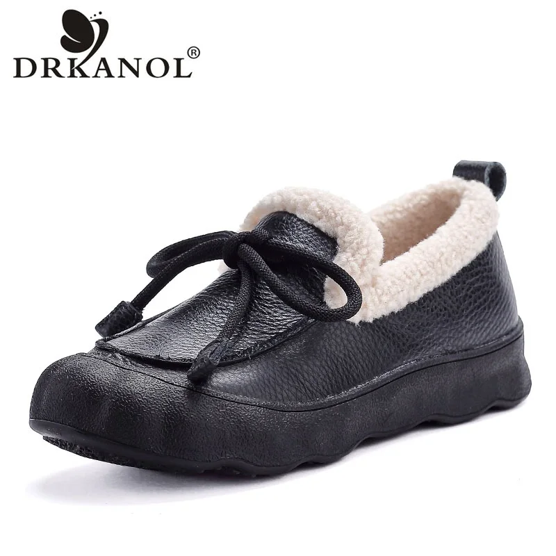 

DRKANOL Women Winter Slip On Loafers Warm Shoes 2026 Retro Style Flat Platform Genuine Leather Fluffy Fur Mother Cotton Shoes