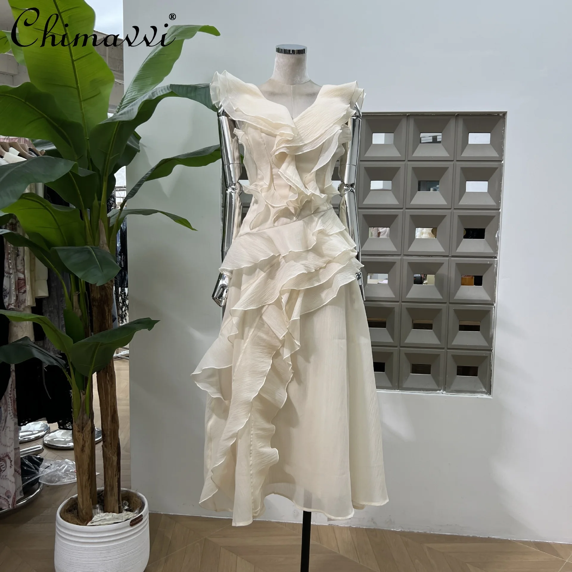 

French Elegant Fashion Ruffle Splicing Irregular Long Dress V-Neck Sleeveless High Waist Slim A-line Vacation Summer Dress Women