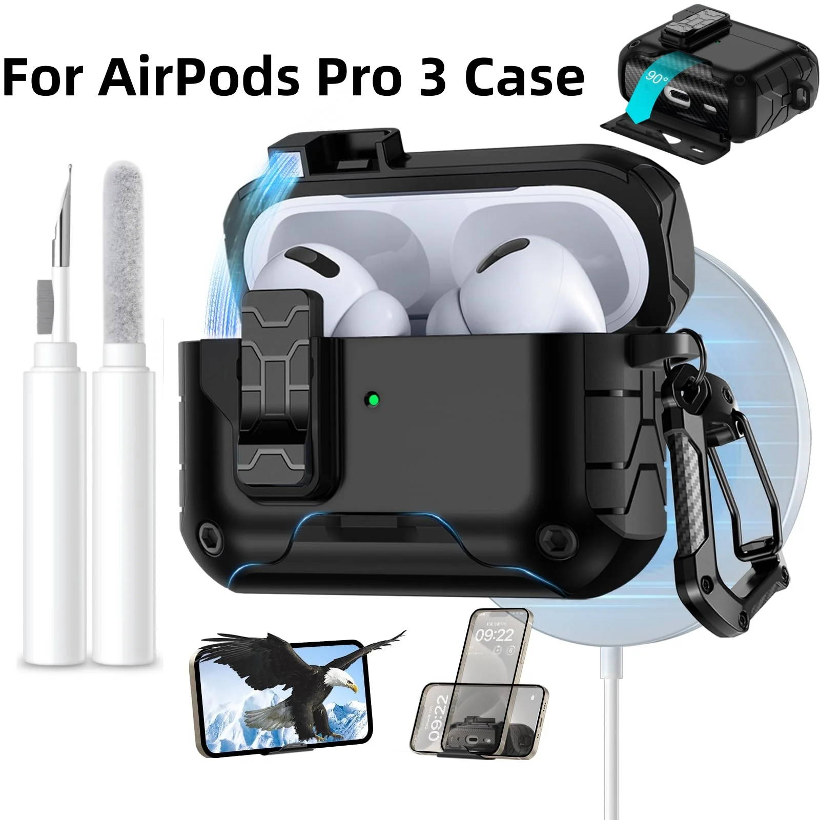 for AirPods Pro 3 Earphone Cases with Safety Lock & Phone Stand Auto Pop-Up Protective Cover with Cleaning Kit for AirPods Pro 3