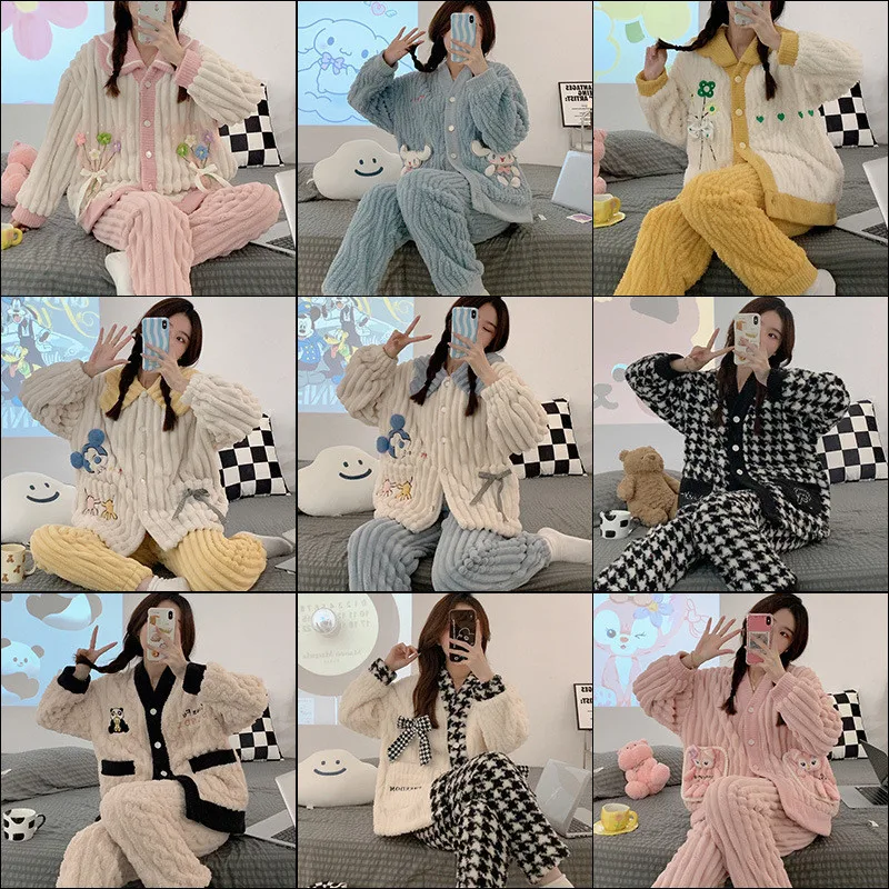 Disney Cartoon Mickey Girl Plush Cardigan Autumn Winter Sweet Cute Long Sleeved Pajama Suit Doll Collar Clothes 2pcs Set Pajamas