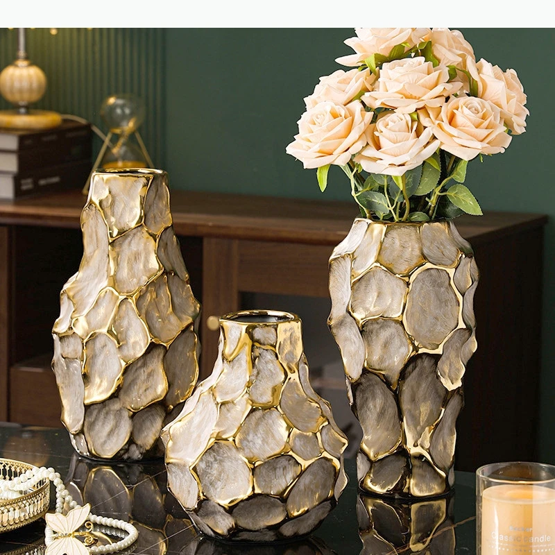 Gilded Wrinkles Ceramic Vase Irregular Plant Pots Table Decoration Flowers Arrangement Vases Room Aesthetic Decor