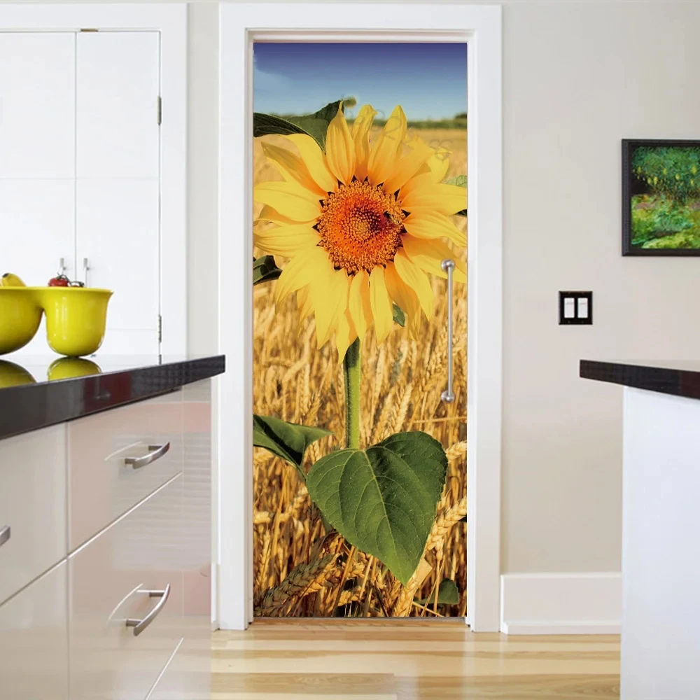 Dusk Flowing Water Door Sticker 3D Sunflower Beach Natural Scenery Wallpaper Vinyl Waterproof Self-adhesive Decorative Poster