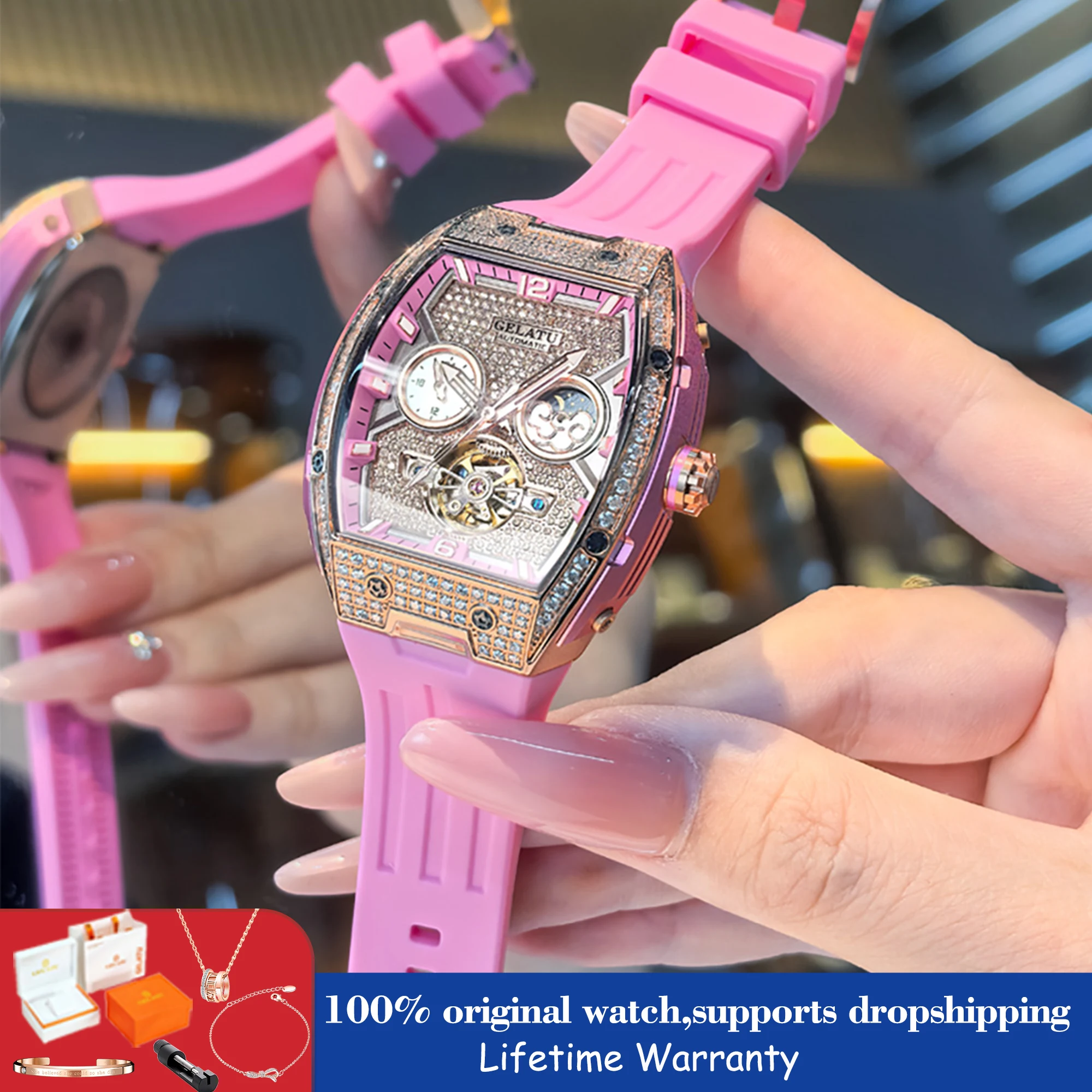 GELATU 6016 Women Watch 50M Waterproof Skeleton Mechanical Watch For Women Big Dial Diamond Hollow Fashion Ladies Hand Clock