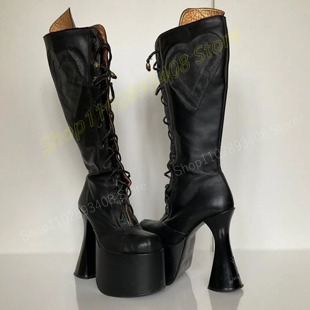 

Black Strange Style Heel Mid Calf Boots Front Lace-up Platform Round Toe Fashion Sexy Women Shoes 2024 New Zapatos Para Mujere