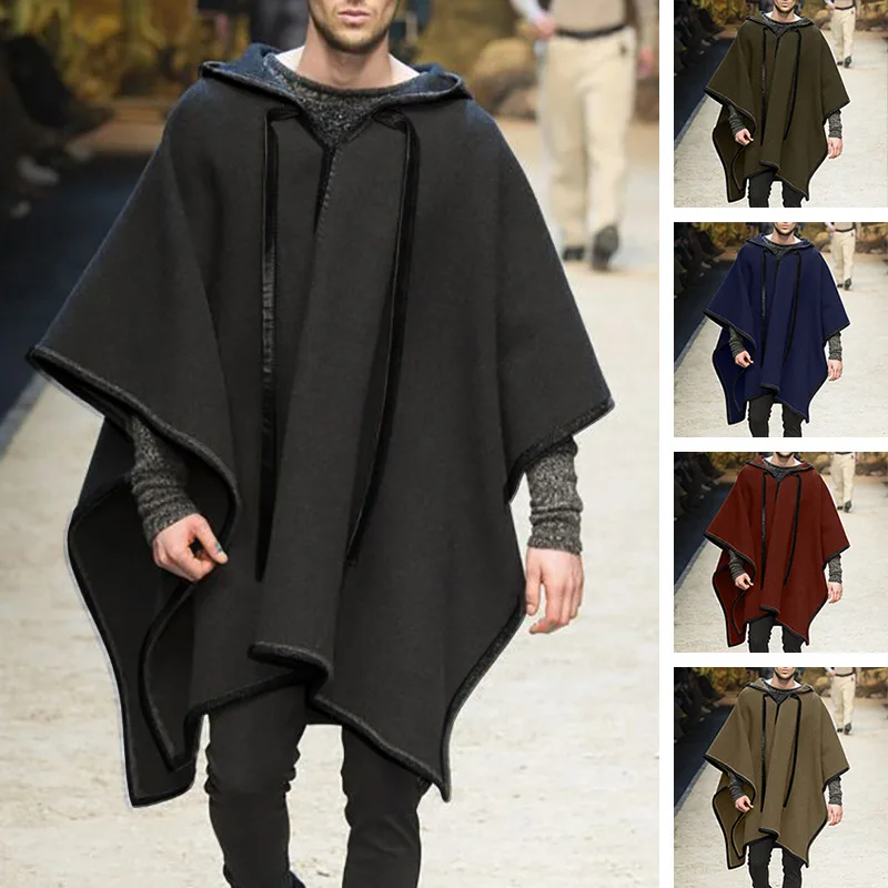 Trendy Vintage Poncho Men Oversized Hooded Irregular Cape Shawl Coat Woollen Blends Pullovers Male Outerwear Drawstring Cloak