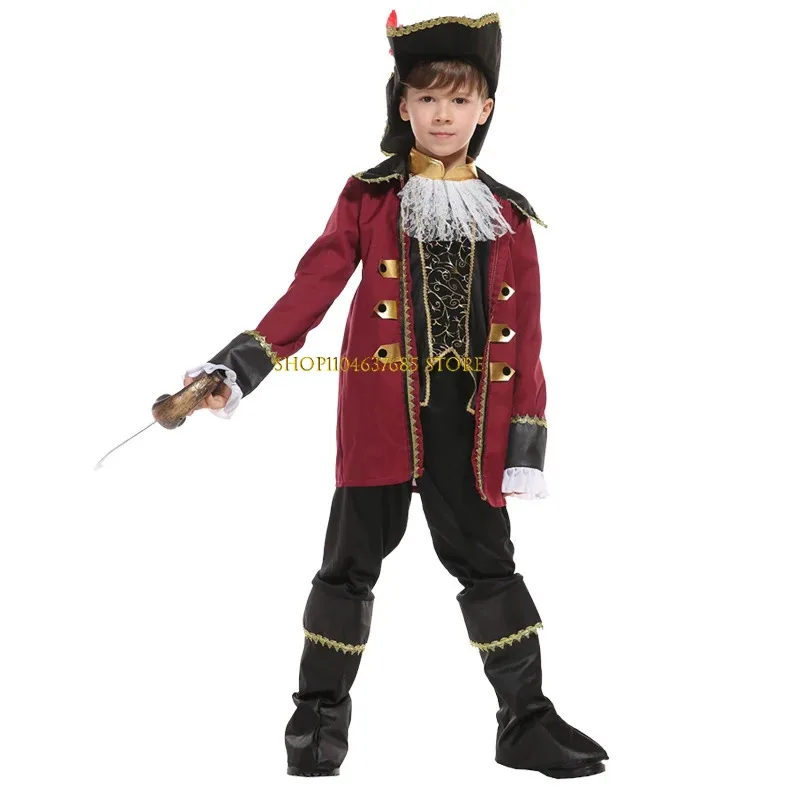 Navy Captain Pirate Costume Kids Boys Cosplay Suit Halloween Stage Performance Role Play Clothes with Hat