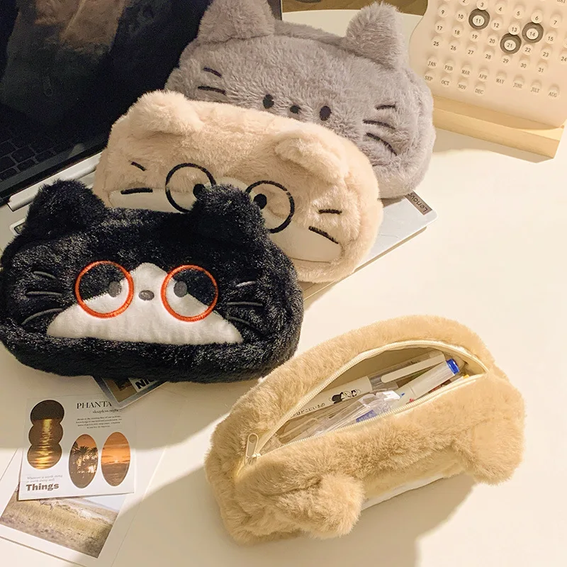 مقلمة مطرزة على شكل قطة من القطيفة، حقيبة مكياج جمالية لطيفة للمدرسة، منظم قرطاسية واسع ومنفوش، مستلزمات الطلاب