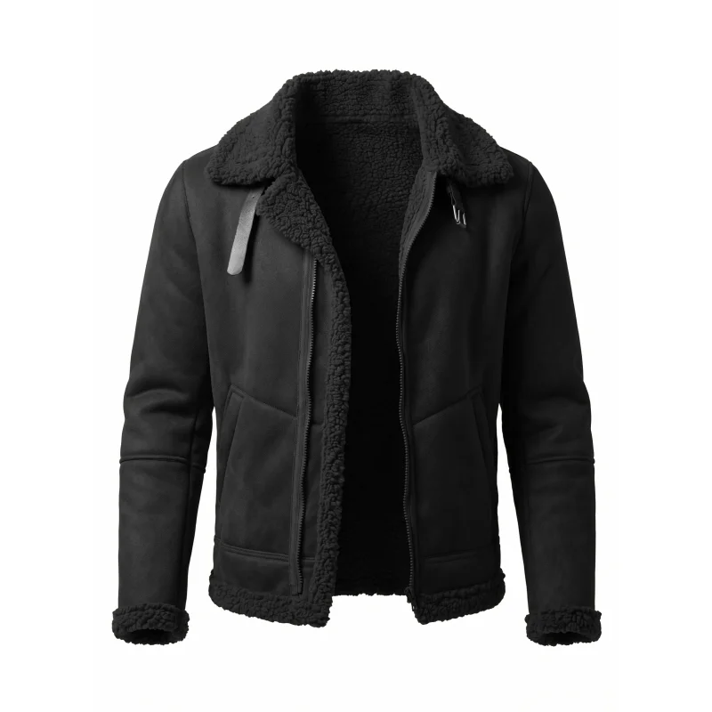 Herren-Winterjacke aus Kunstwildleder mit Fellkragen | Winddichter Streetwear-Mantel mit Gürtel und Reißverschluss | Dicke, warme Wanderkleidung für den Außenbereich, weich, für Herren – Detail 5
