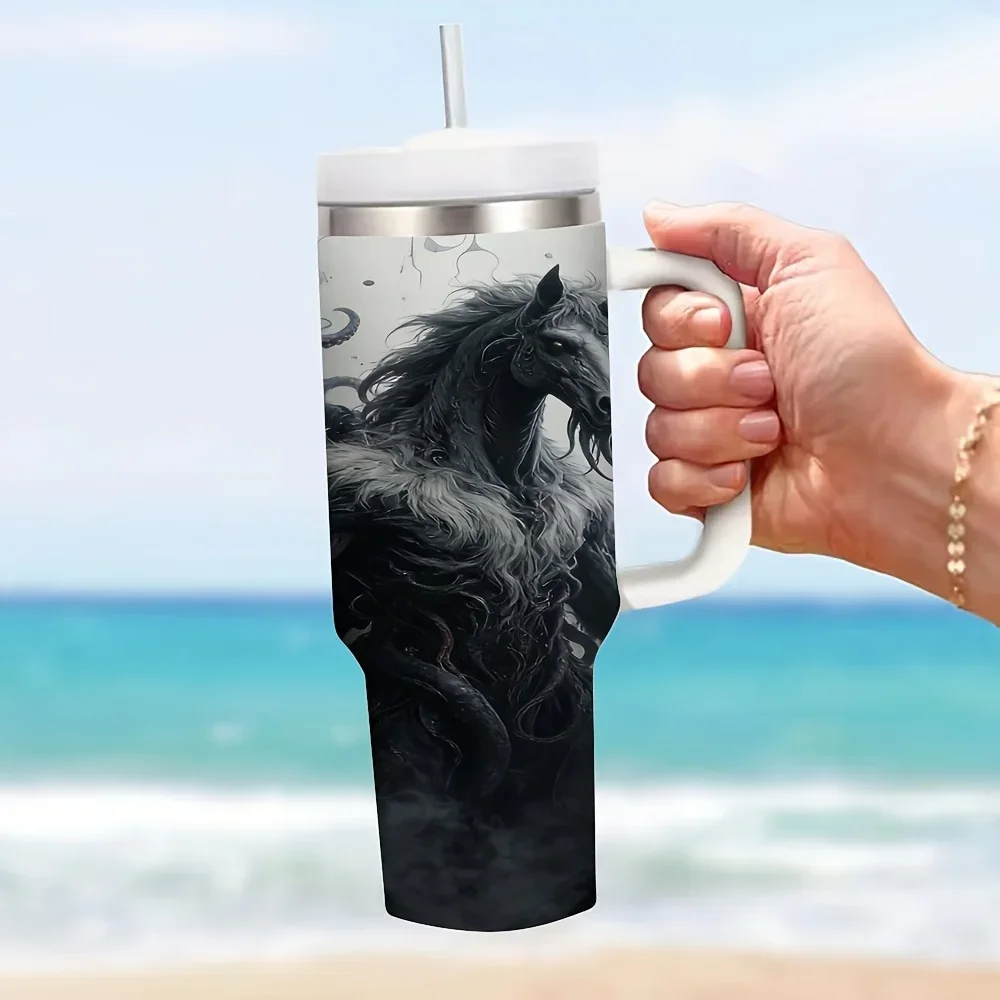 40oz Tumbler with Handle, Dark Horror Octopus Horse Print Insulated Tumbler, Suitable for Horror Fans, Keeps Drinks Hot And Cold, Perfect for Daily Use And Outdoor Travel