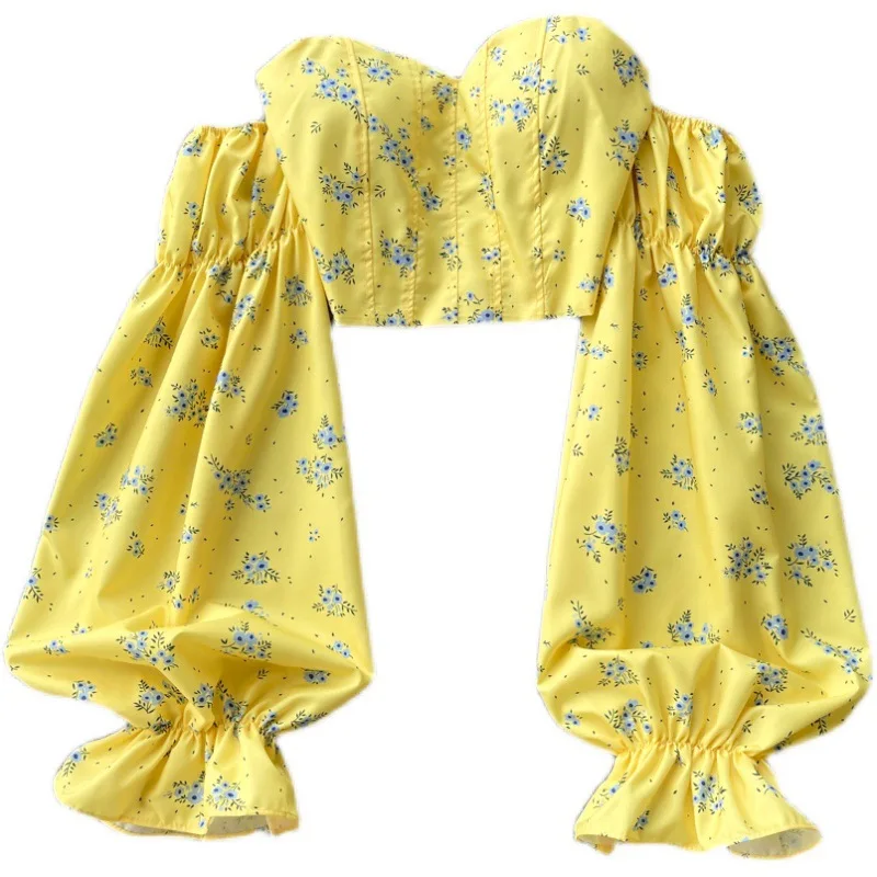 Spicy Girl One Shoulder Strapless Long Sleeved Shirt with Backless Sweet Print Short Style Temperament Top