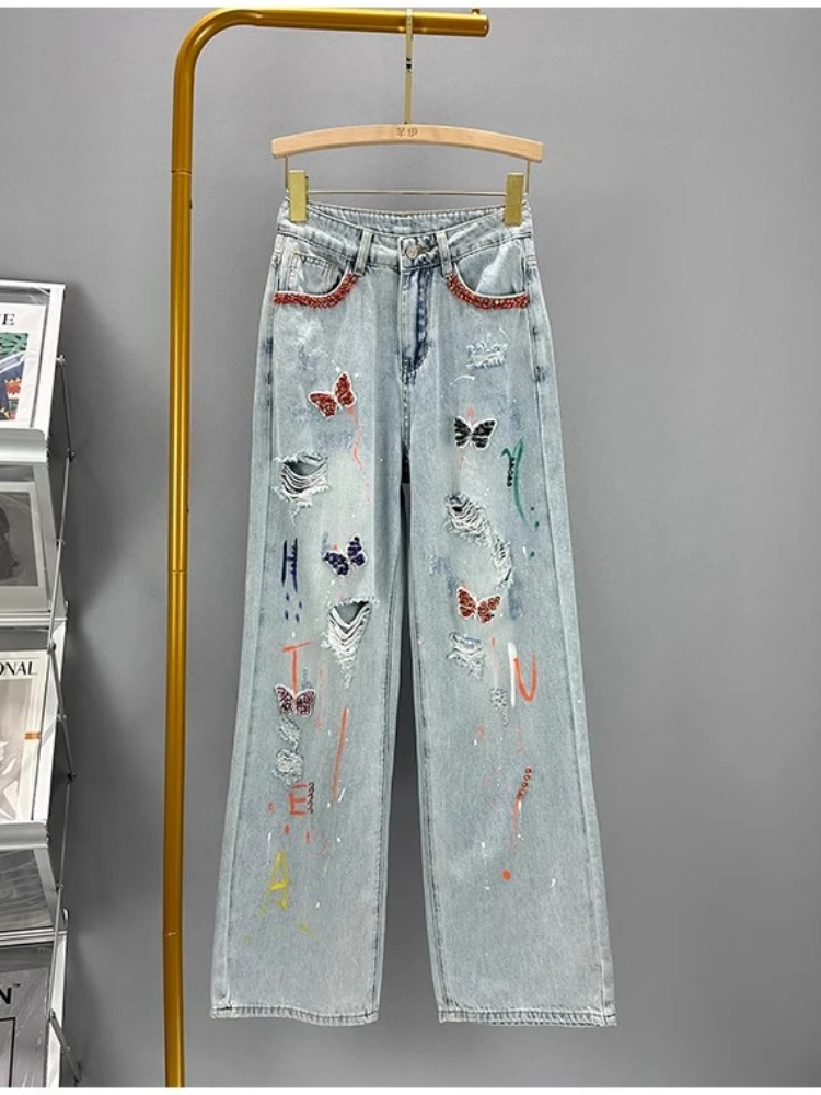 Summer High Waisted Distressed Floor Mopping Jeans Women Korean Casual Loose Butterfly Nail Drill Painted Denim Wide Leg Pants