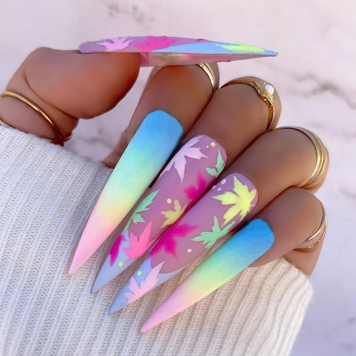 

3D fake nails accessories rainbow colors Maple leaf designs long pointed tips faux ongles press on acrylic false nails supplies