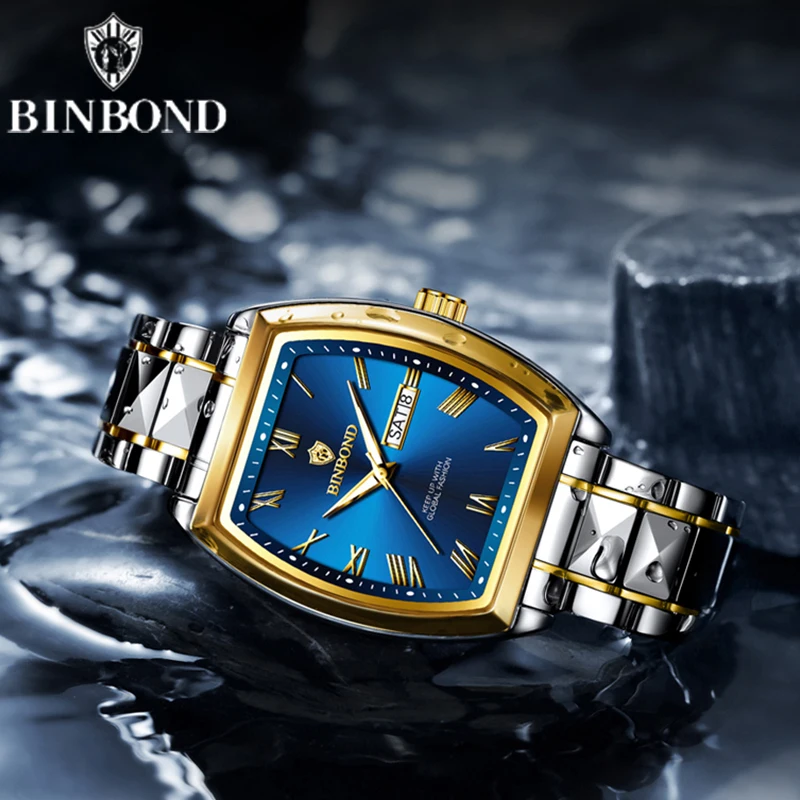 BINBOND Top Brand Quartz Watch For Men Luxury Business Elegant Stainless Steel Tonneau Dial Waterproof Luminous Men Wristwatch