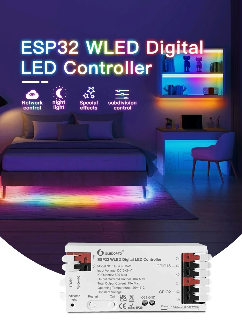 WLED LED تحكم Mic UART تنزيل صوت الموسيقى الديناميكي RGB لتقوم بها بنفسك GLEDOPTO ESP32/8266 WiFi WS2811/2812 SK6812 TM1814 WS2813/2815