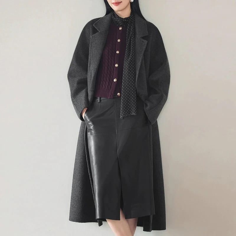 معطف صوف مزدوج الوجه 100% للنساء شتوي أنيق بأكمام طويلة وياقة على شكل طية صدر السترة للسيدات ملابس خارجية مستقيمة مزدوجة الصدر من الصوف