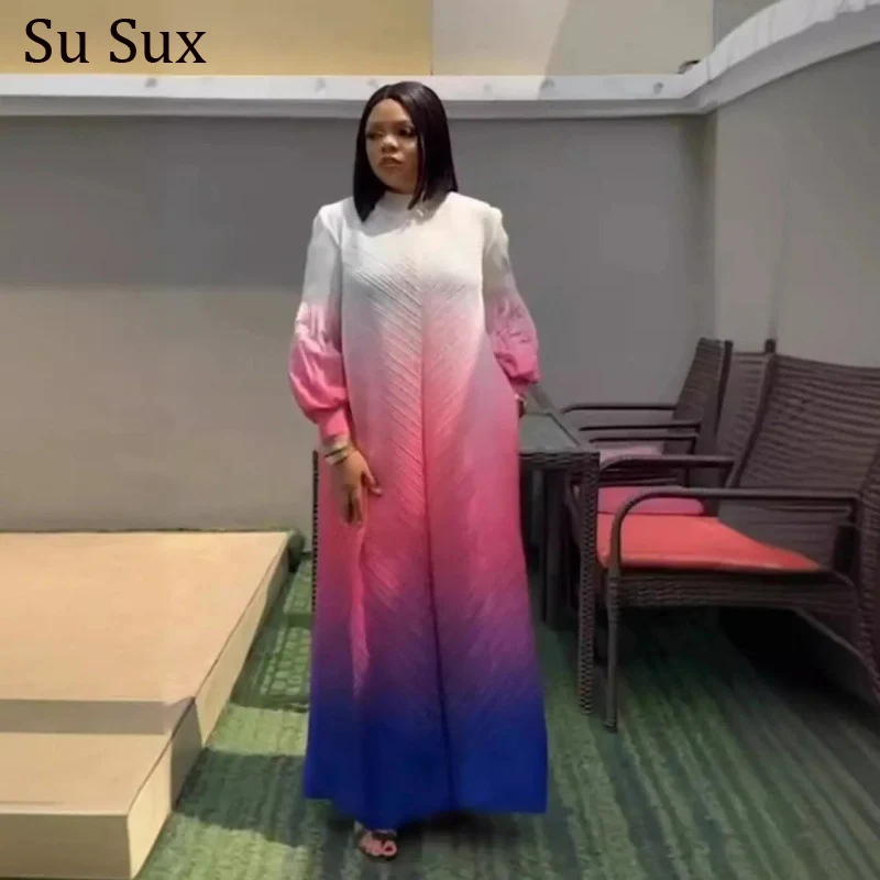 

Pleated Maxi Dress African Dresses For Women Elegant Lantern Sleeve A Line Dress Africa Clothing Robe Partyclub Length135cm