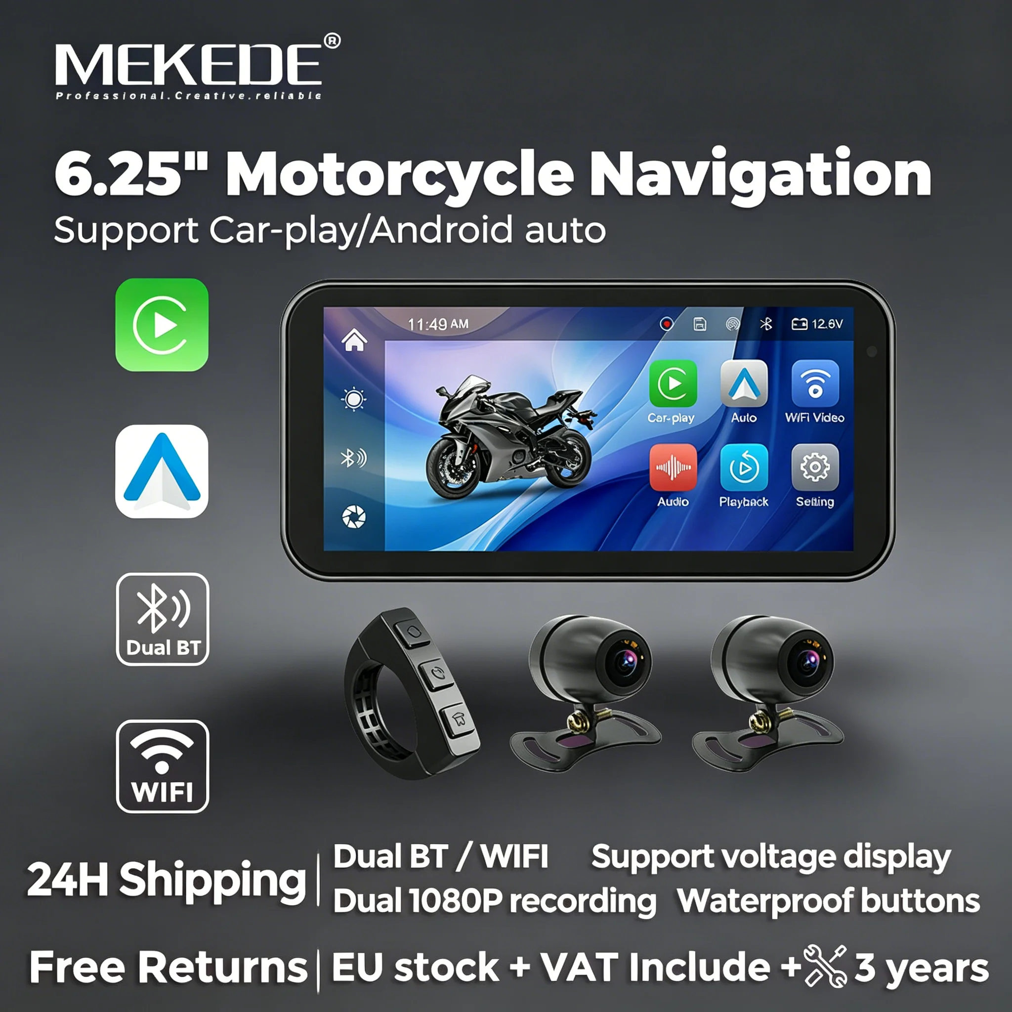 MEKEDE 6,25 Zoll Motorrad-Multimedia-Touchscreen CarPlay Android Auto Navigation 1080P Front- und Heckkameras IP67 Wasserdicht Motorrad Universal GPS