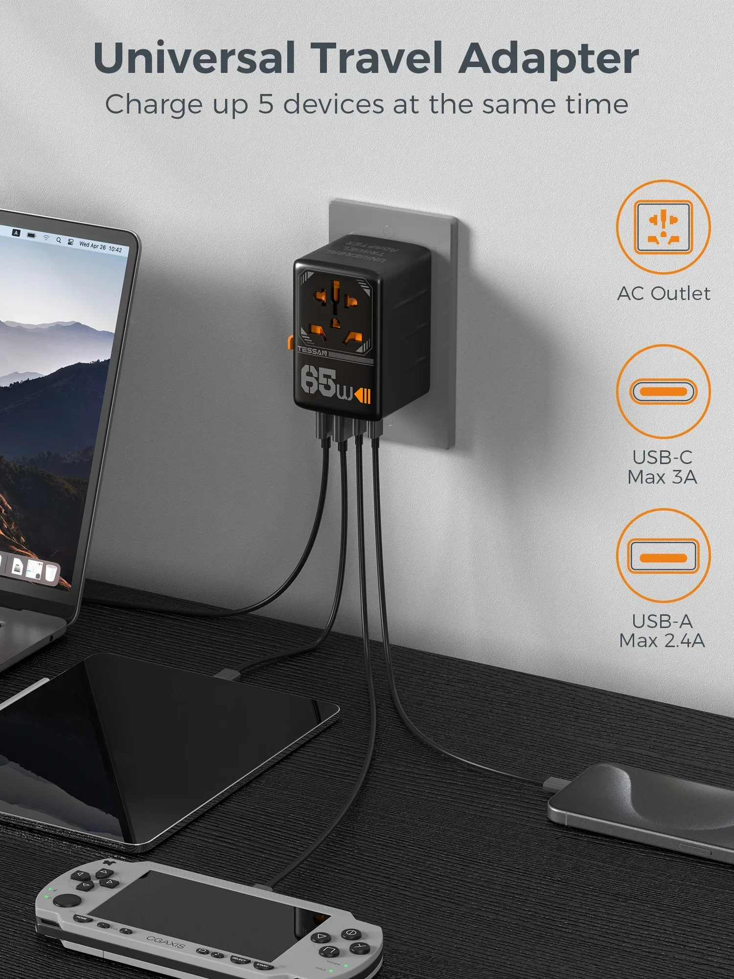 Adattatore da viaggio universale TESSAN GaN da 100 W con USB tipo C 65 W Adattatore per spina internazionale a ricarica rapida Spina UE/Regno Unito/USA/AUS/KR