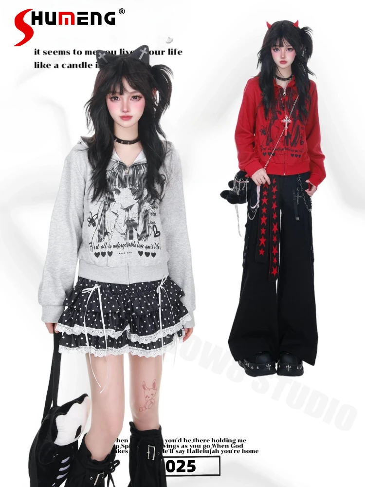 

Original Japanese Subculture Retro Cartoon Print Zipper Sweet Girls Short Jacket Long Sleeve Hooded Sweatshirts Top Women Autumn