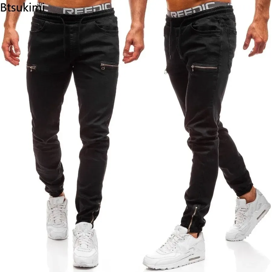 2025 Men's Slim Straight Leg Jeans Fashionable Drawstring Zip Design Casual Sport Denim Pants Men Versatile Trouser Street Style