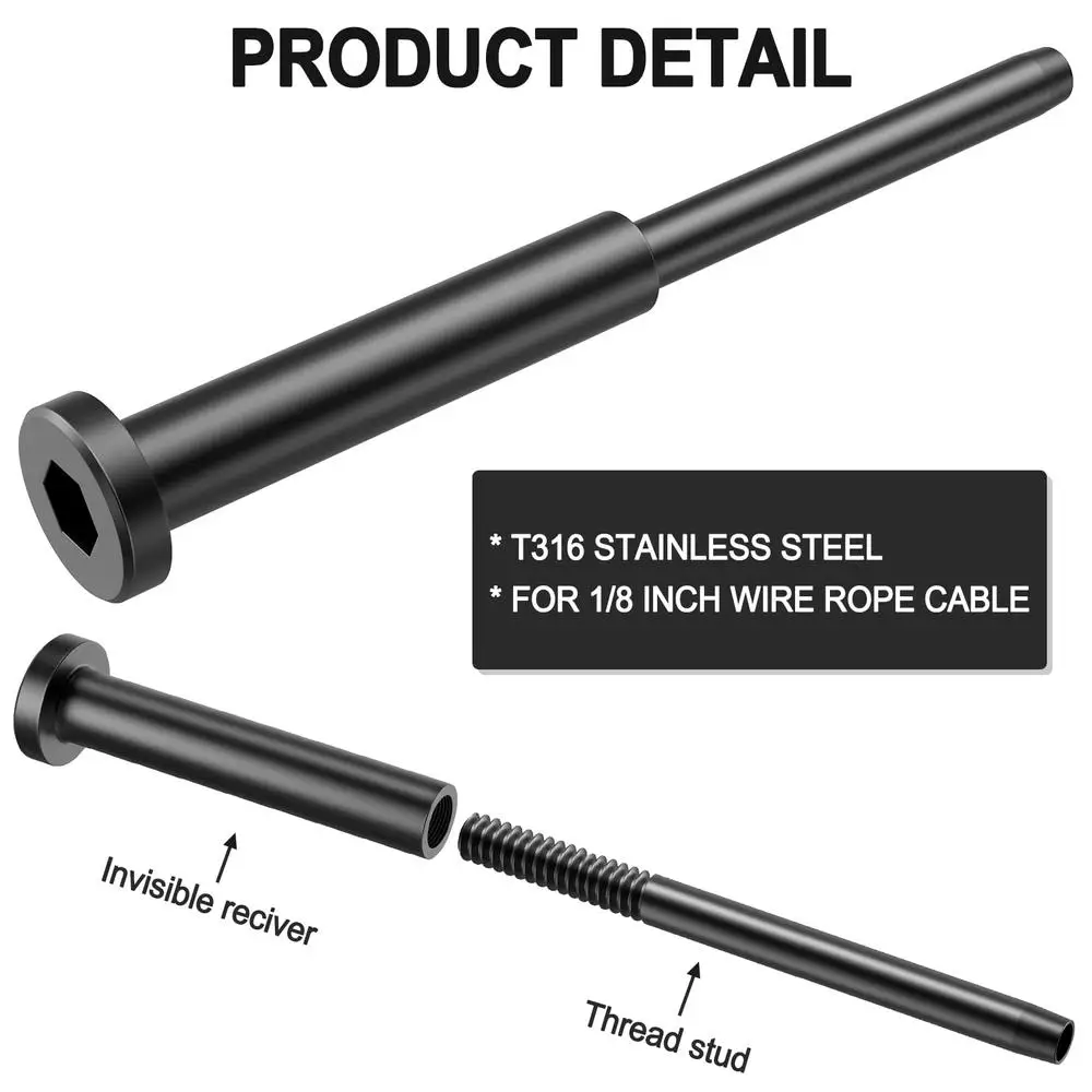 20 حزمة 4 "x 4" وعاء من الستانليس ستيل الأسود غير مرئية درابزين كابل أطقم سطح السفينة درج T316 استقبال ومسمار Swage تركيب ذاتي الصنع