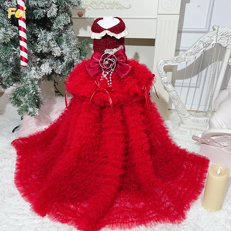 

Fashion Luxury Chihuahua Puppy Dresses: Handmade Wine-Red Lace Flower Long Tail Dog Clothes, Wedding Gown for Small Medium Pets