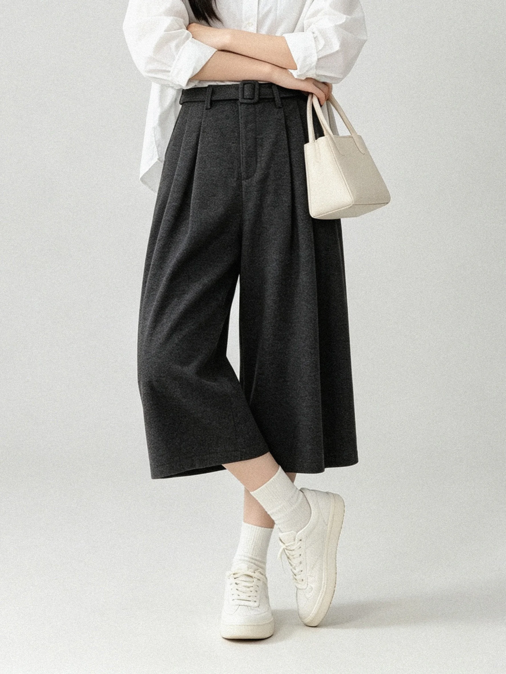High Waist Woolen Wide Leg Casual Pants Slimming Style Commute Friendly Autumn Winter Fashion Elegant Folded Cuff Shorts