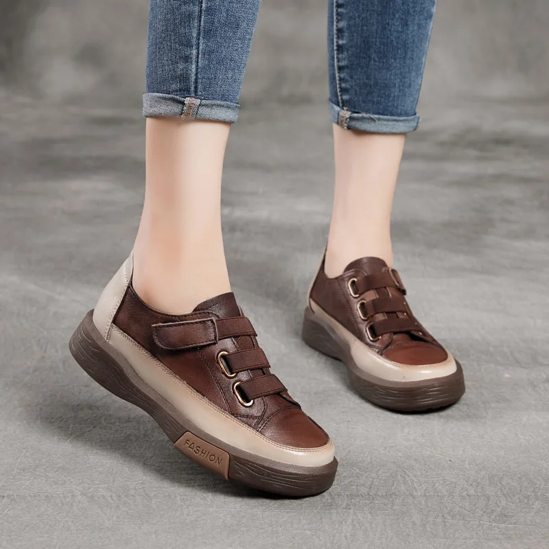 Autumn Sneakers Handmade  inside and outside Thick Bottom Casual Pumps First Layer Cowhide shoes Mid Heel Four Seasons