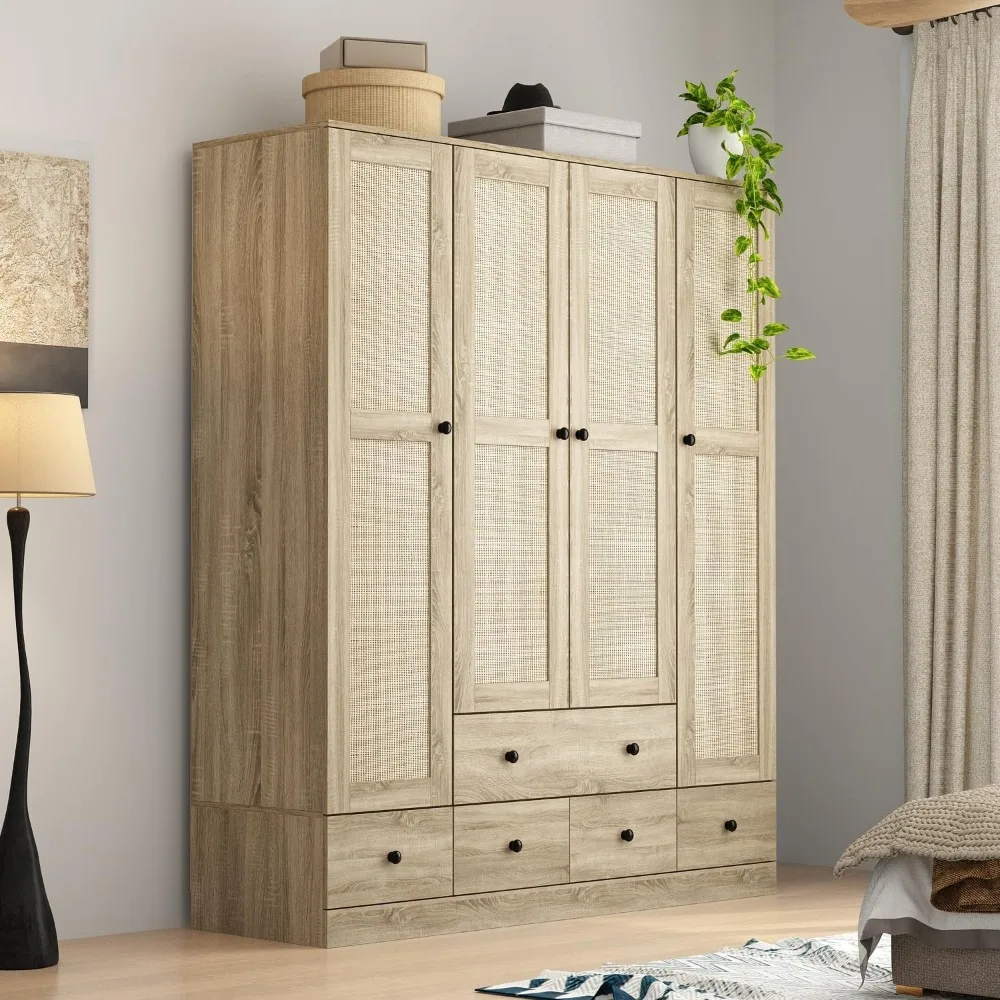 Rattan Armoire Wardrobe Closet with 7 Shelves, 5 Drawers & Hanging Bars,  Wooden Wardrobe Clothes Storage Cabinet for Bedroom