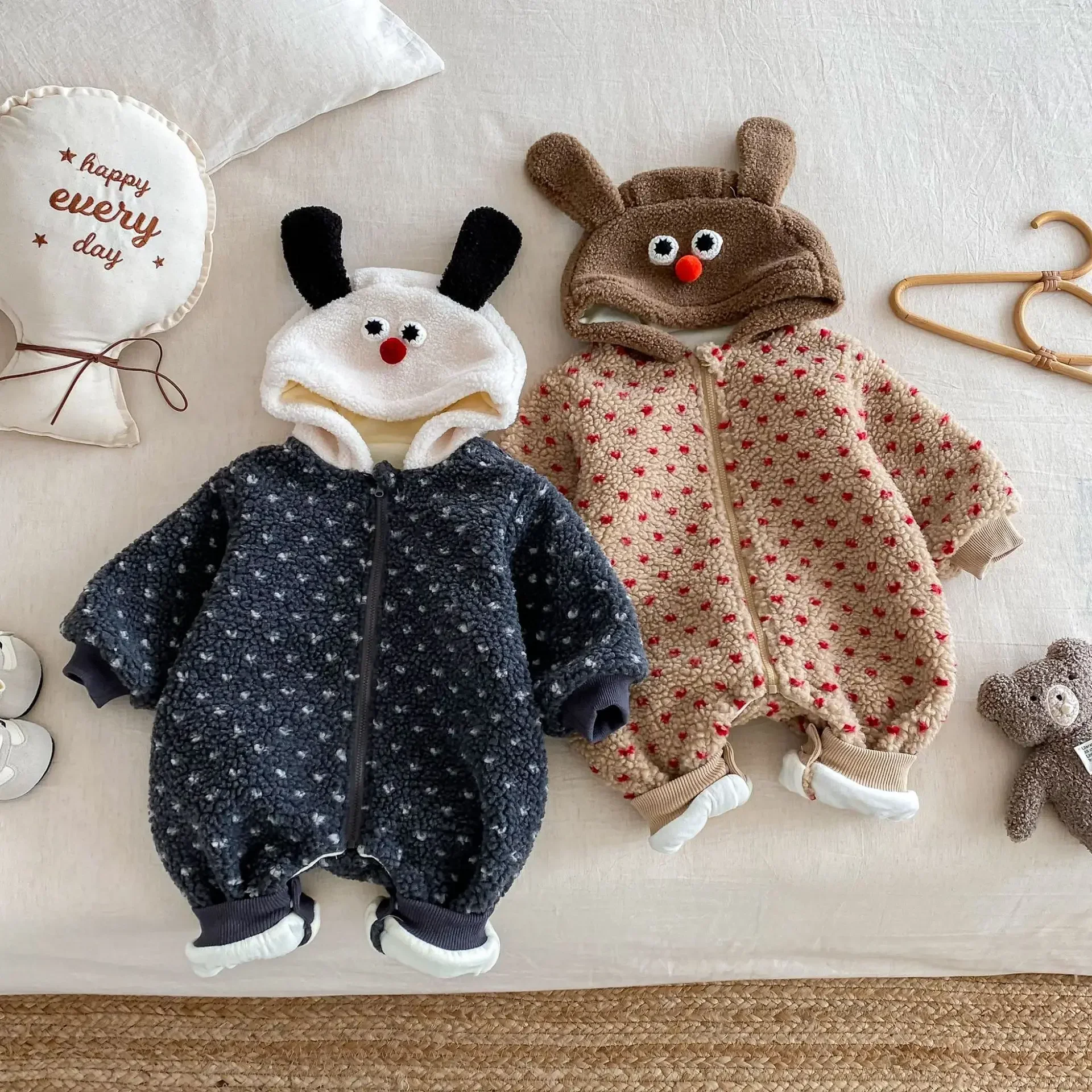 

От 0 до 24 месяцев, плюшевый комбинезон на молнии с капюшоном и флисовой подкладкой, зимний теплый комбинезон для новорожденных мальчиков и девочек