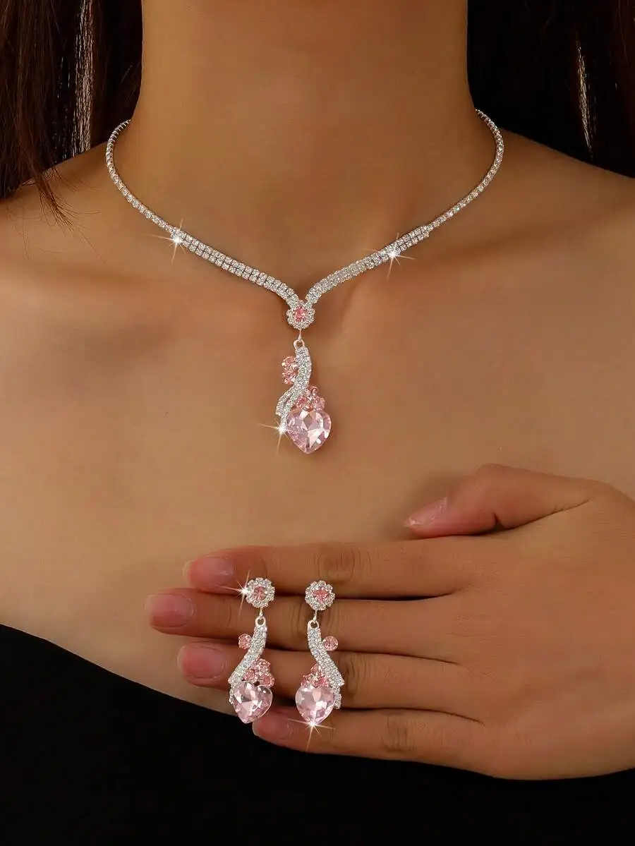 3pcs Women's Wedding Jewelry Set: Heart Necklace, Earrings, Elegant Party/Bridal Accessories, Thanksgiving Gift,Summer,Jewellery