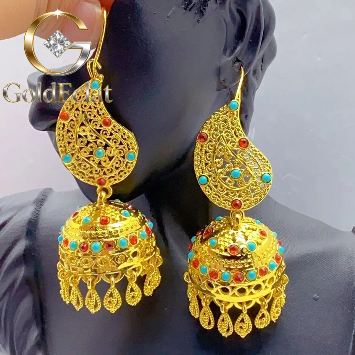 

Серьги GoldEclat для женщин, 9999 пробы, 24K, из настоящего золота, новые, в этническом стиле, индийские, для невесты, висячие, подарок на свадьбу в Нигерии